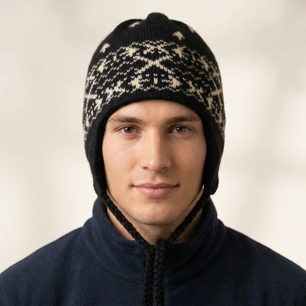 Merkley Unisex Beanie Hat 100% Virgin Wool Fair Isle Fleece Lined Black OS